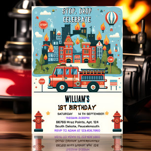 Red Hot Fire Truck Engine Safety 1st birthday Invitation