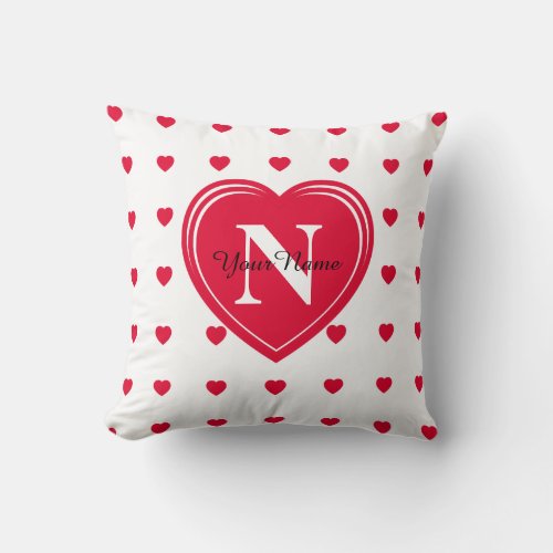 Red Hot Hearts Pattern Reversible Monogram Tattoo Throw Pillow