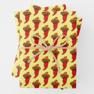 Red Hot Kawaii Pepper Diva Mexican Hat Wrapping Paper Sheets