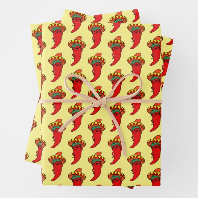 Red Hot Kawaii Pepper Diva Mexican Hat Wrapping Paper Sheets (In situ)