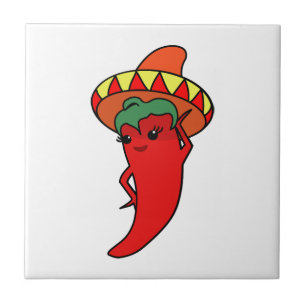Red Hot Kawaii Pepper Diva Mexican Sombrero Ceramic Tile