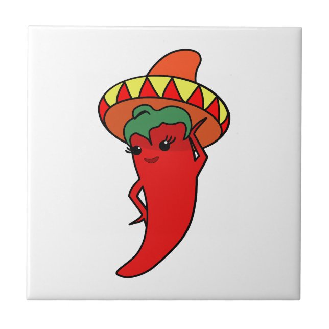 Red Hot Kawaii Pepper Diva Mexican Sombrero Ceramic Tile (Front)