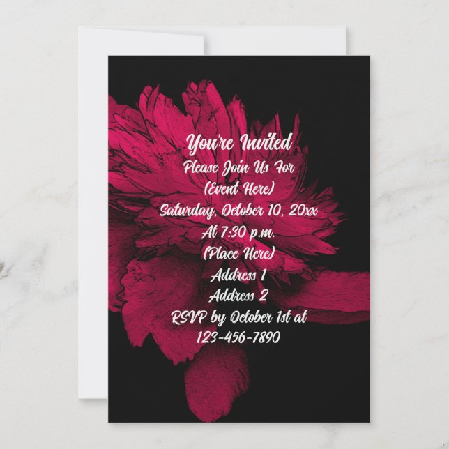 Red Hot Peony On Black Floral Party Invitation (Front)