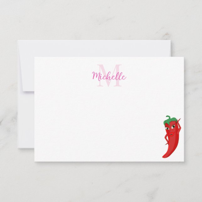 Red Hot Pepper Diva Cute Custom Monogram Note Card (Front)