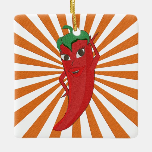 Red Hot Pepper Diva Faux Embroidery Print Ceramic Ornament (Front)