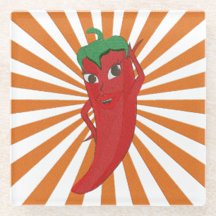 Red Hot Pepper Diva Faux Embroidery Print Glass Coaster