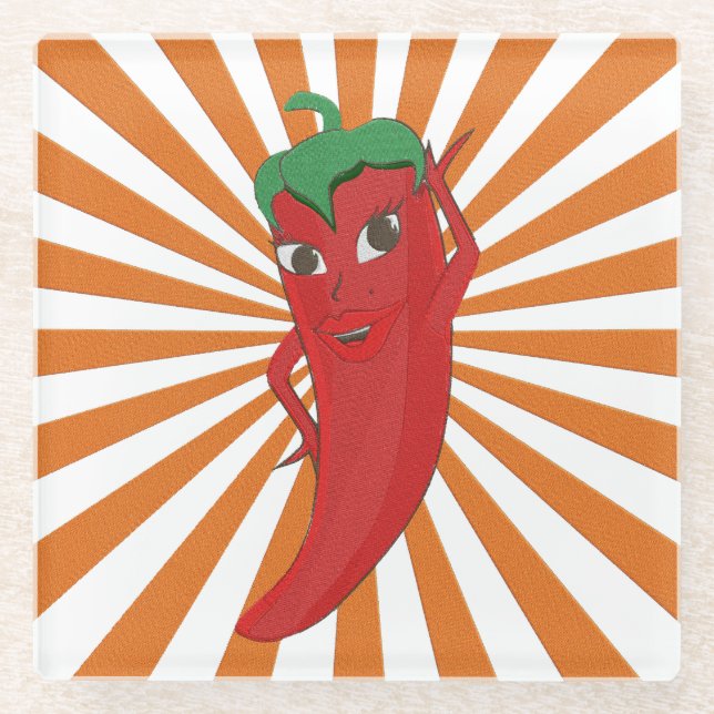 Red Hot Pepper Diva Faux Embroidery Print Glass Coaster (Front)