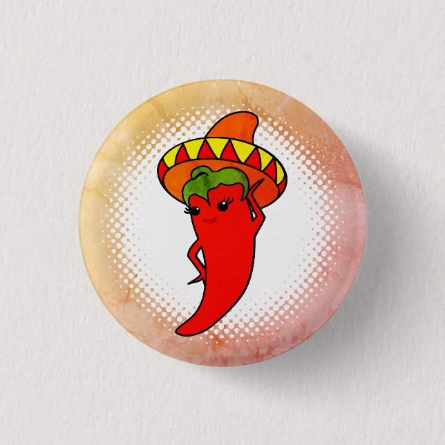 Red Hot Pepper Diva Kawaii Style Print Mexican Button (Front)