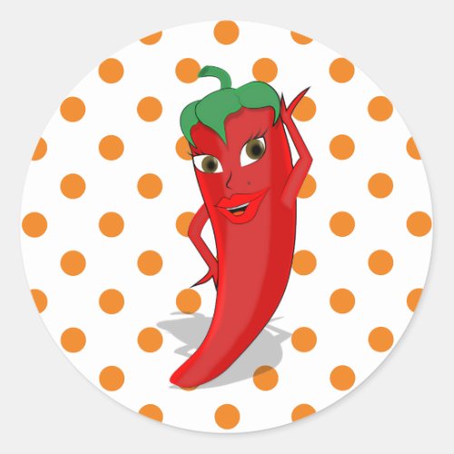 Red Hot Pepper Diva Orange Polka Dots Classic Round Sticker