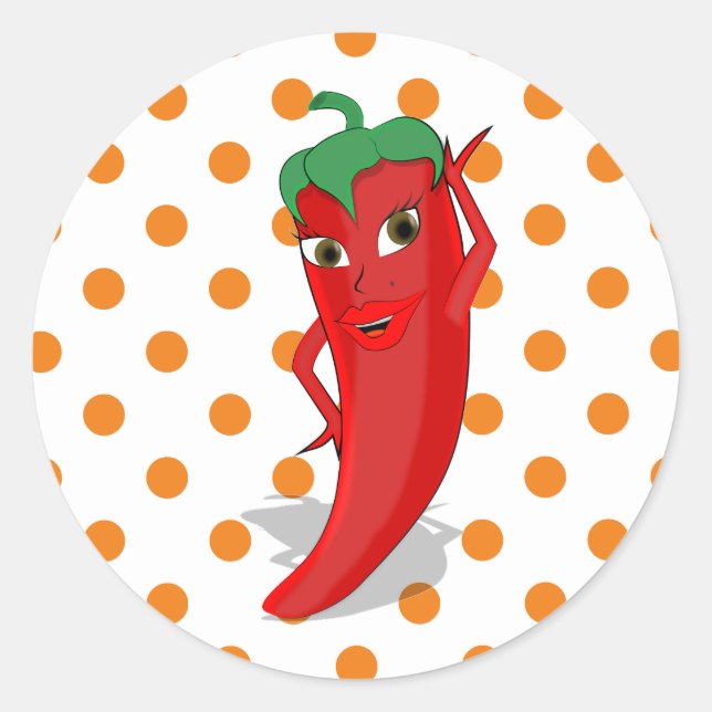 Red Hot Pepper Diva Orange Polka Dots Classic Round Sticker (Front)