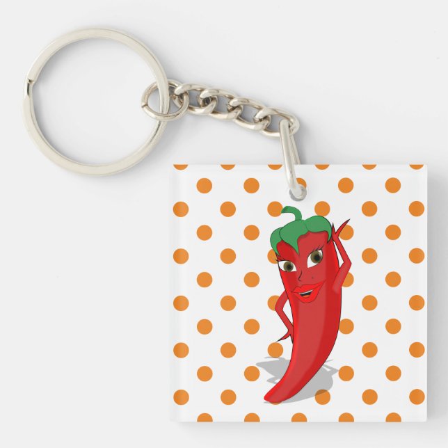 Red Hot Pepper Diva Orange Polka Dots Keychain (Front)