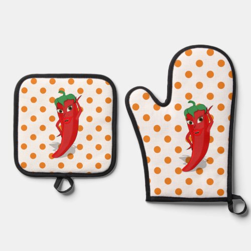 Red Hot Pepper Diva Orange Polka Dots Oven Mitt  Pot Holder Set