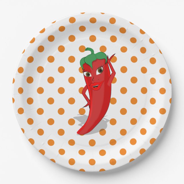 Red Hot Pepper Diva Orange Polka Dots Paper Plates (Front)
