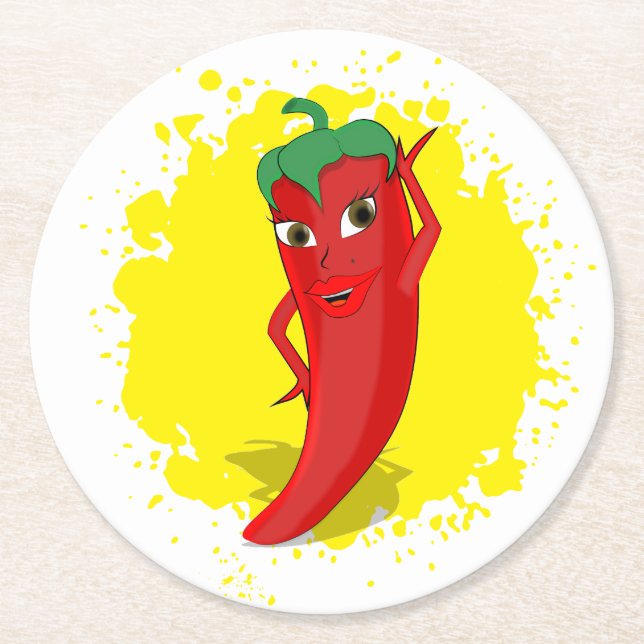 Red Hot Pepper Diva Paint Splatter Round Paper Coaster (Front)