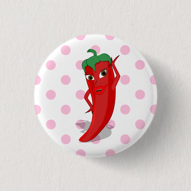 Red Hot Pepper Diva Pink Polka Dots Button (Front)