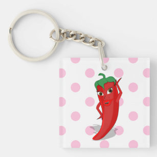 Red Hot Pepper Diva Pink Polka Dots Keychain