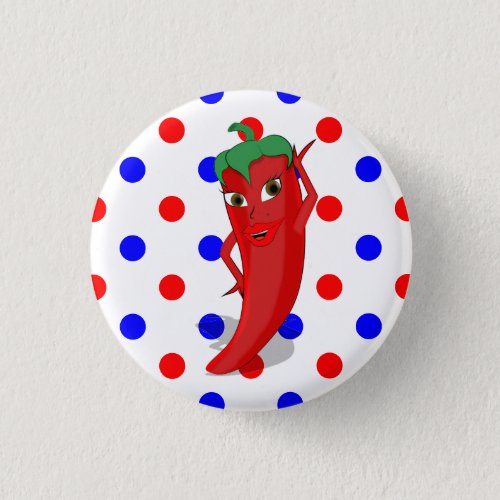 Red Hot Pepper Diva Red Blue Polka Dots Button