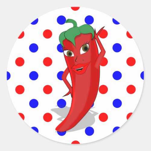 Red Hot Pepper Diva Red Blue Polka Dots Classic Round Sticker