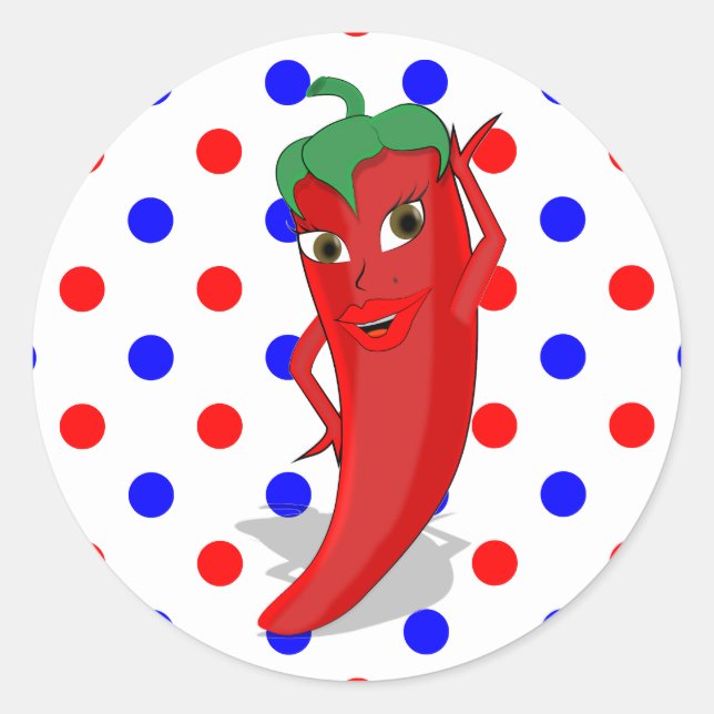 Red Hot Pepper Diva Red Blue Polka Dots Classic Round Sticker (Front)