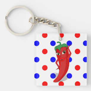Red Hot Pepper Diva Red Blue Polka Dots Keychain