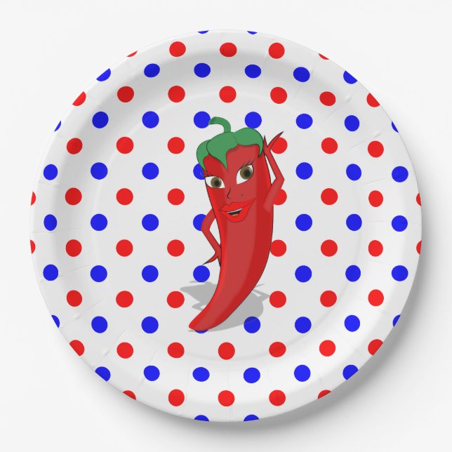 Red Hot Pepper Diva Red Blue Polka Dots  Paper Plates (Front)