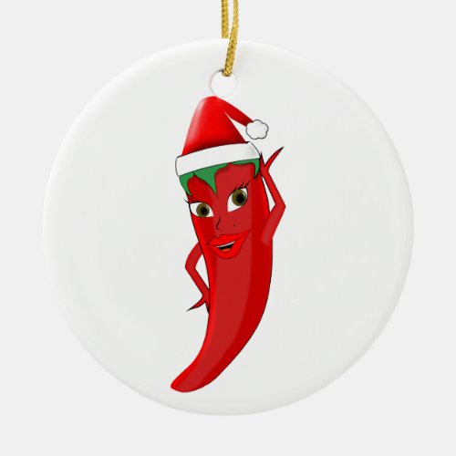 Red Hot Pepper Diva With Santas Hat Ceramic Ornament