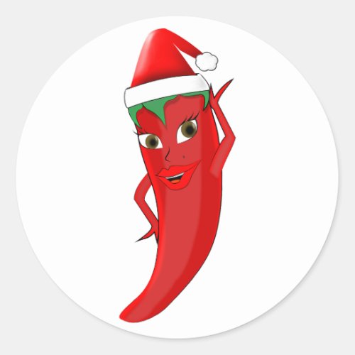 Red Hot Pepper Diva With Santas Hat Classic Round Sticker