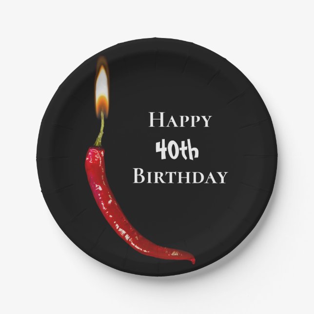red hot pepper with candle flame 40th birthday paper plates (Front)