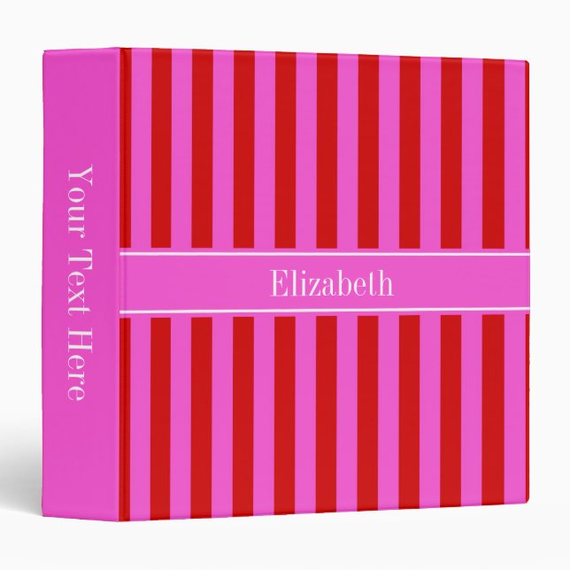 Red, Hot Pink Stripe Hot Pink Name Monogram Binder (Front/Spine)