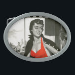 Red Hot Woman Oval Belt Buckle<br><div class="desc">Artist:unknown | Woman in red bathing suit talking to men at the pool</div>