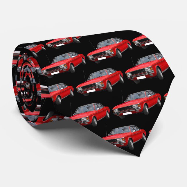Red Hotrod 1970s Car Pattern Neck Tie (Rolled)