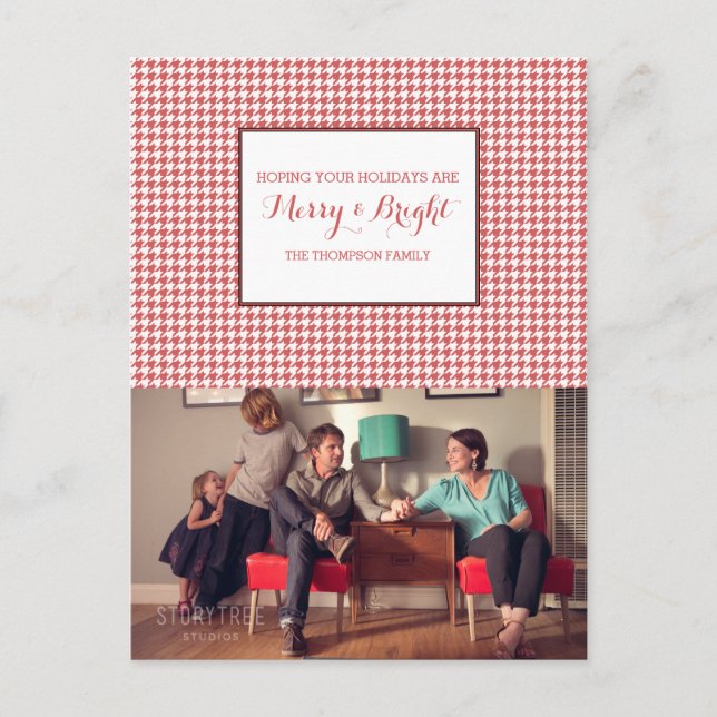 Red Houndstooth Holiday Photo Postcard (Front)