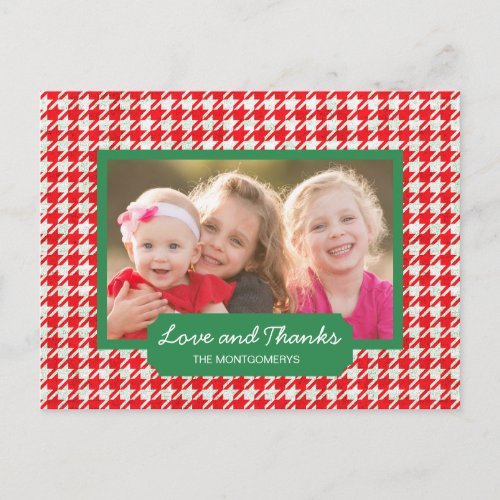 Red Houndstooth Holiday Photo Thank You Postcard