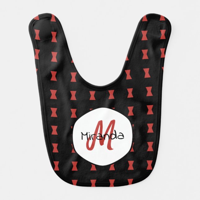 Red Hourglass Black Widow Pattern Monogrammed Name Baby Bib (Front)