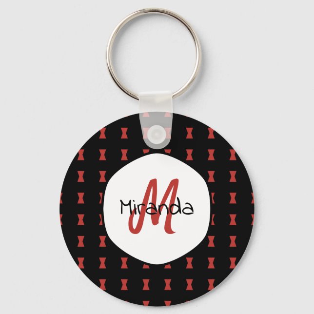Red Hourglass Black Widow Pattern Monogrammed Name Keychain (Front)