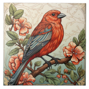 Red House Finch, art nouveau Ceramic Tile