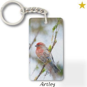 Red House Finch Bird Painting Initial Birdwatcher Keychain