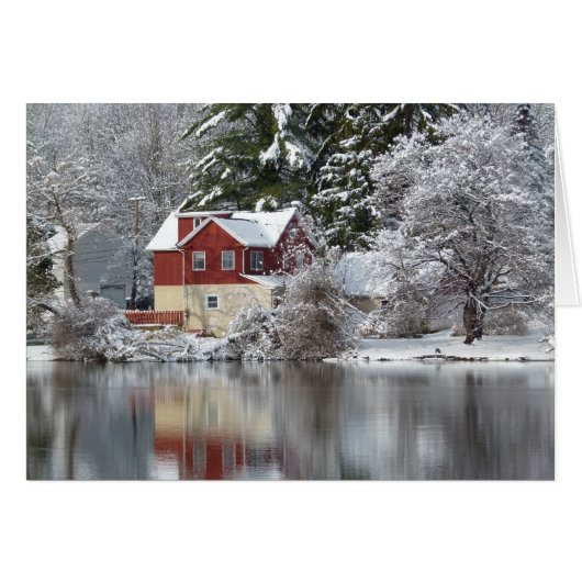 Red House & Lake in Winter Blank Inside Photo Card (Front Horizontal)