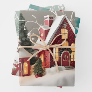 Red House Winter Snow Design Unique Christmas Gift Wrapping Paper Sheets