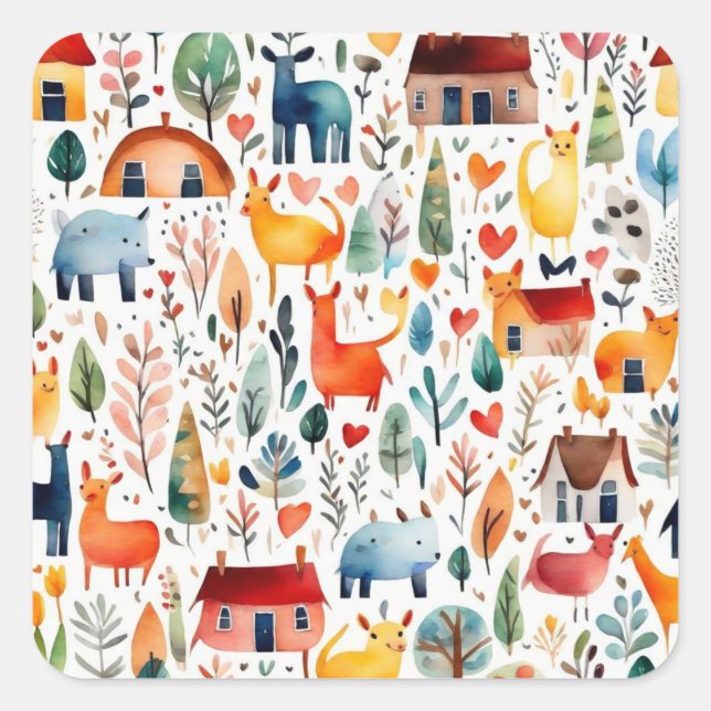 Red houses and houses cute Paper Sheet Square Sticker (Front)