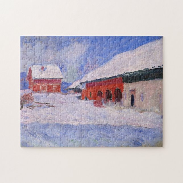 Red Houses Bjornegaard Snow Norway Monet Fine Art Jigsaw Puzzle (Horizontal)