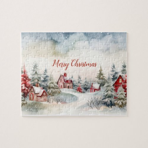 Red Houses Green Pine Trees Christmas Landscape Jigsaw Puzzle