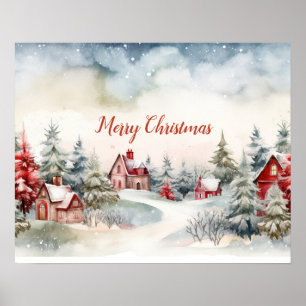 Red Houses Green Pine Trees Christmas Landscape Poster