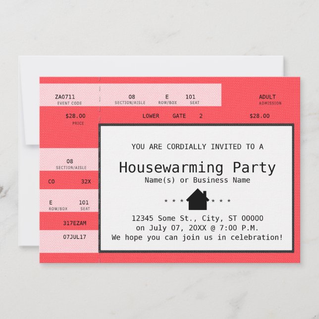 red housewarming concert ticket invitation (Front)
