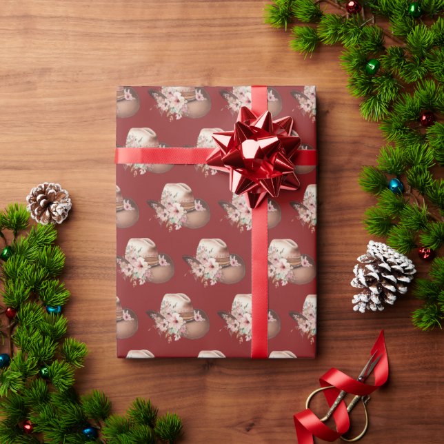 Red Howdy Cowgirl Floral Western Hats Wrapping Paper (Holiday Gift)