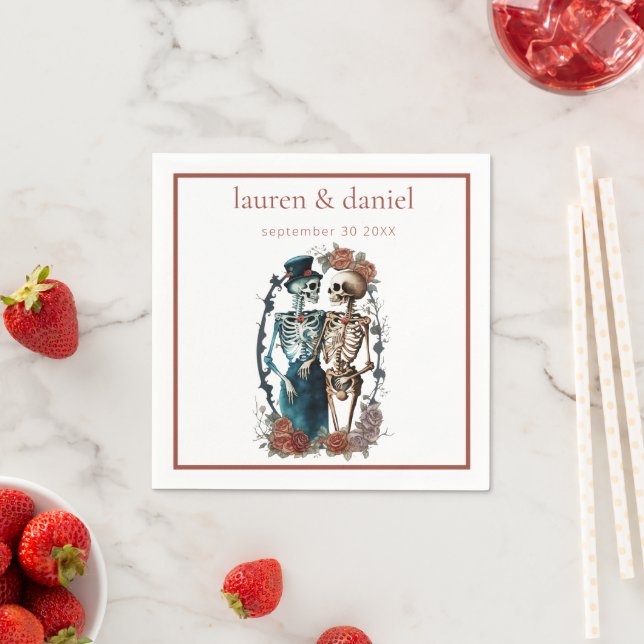 Red hues Skeleton couple Names Date Wedding Napkins (Insitu)