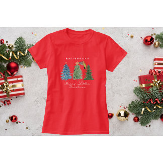 Red Hummingbird Christmas T-Shirt with Trees 
