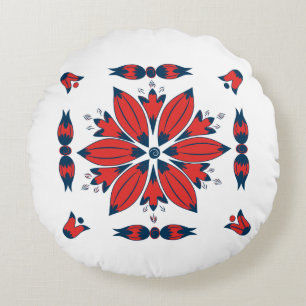 Red Hungarian folk art floral motif Round Pillow