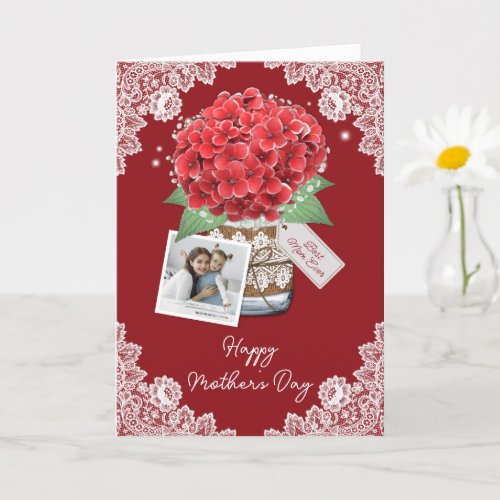 Red Hydrangea Heart Floral Photo Mothers Day Card