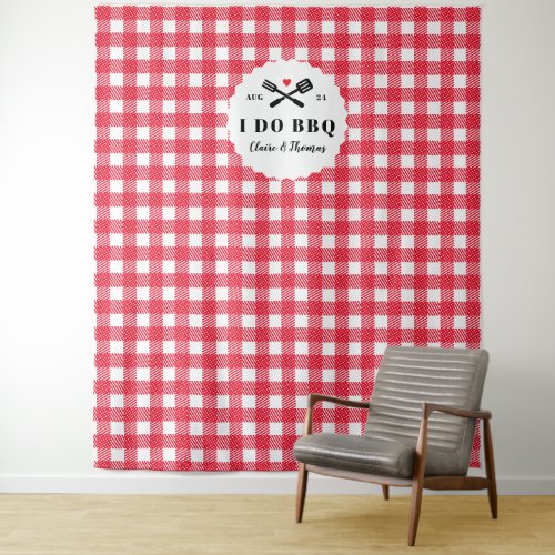 Red I Do BBQ Gingham Plaid Engagement Party Tapestry